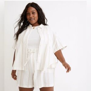 Madewell Plus Linen-Blend Short Sleeve Safari Shirt Ivory Tan Stripe 3X